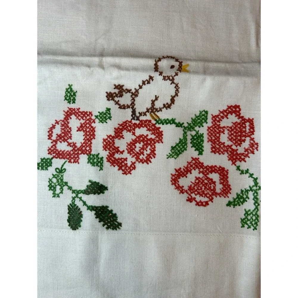Vintage Cannon Muslin Pillowcases Pair Rose Bird Applique USA Cotton Set 2